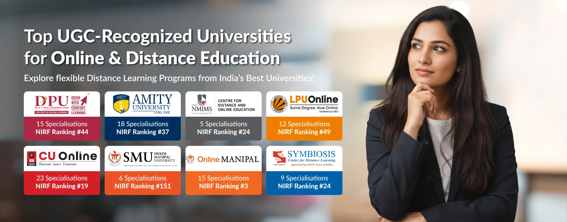 A professional woman looks thoughtfully to the side beside a banner showcasing top UGC recognized universities for online and distance education in India. The image displays logos and details for DPU Online, Amity University Online, NMIMS, LPU Online, CU Online, SMU, Online Manipal, and Symbiosis, highlighting multiple specializations and NIRF rankings for online MBA programs. It emphasizes choice and credibility for learners exploring flexible online MBA options from leading universities.