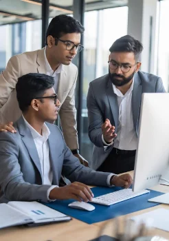 Three young professionals collaborate around a desktop computer in a modern office, with one seated and two standing as they discuss data on the screen. The image represents teamwork and practical learning often associated with online MBA programs, online education, and ed tech driven professional skill development.